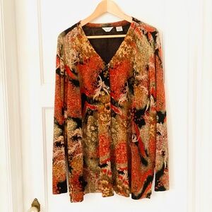 Laura Ashley vintage button up Blouse 2X Stretch Artistic Black Orange Metallic